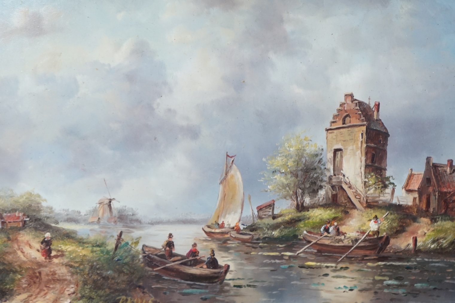 P Ruis, oil on board, Dutch riverscape with figures in rowing boats, signed, 11.5 x 16.5cm, gilt framed. Condition - good